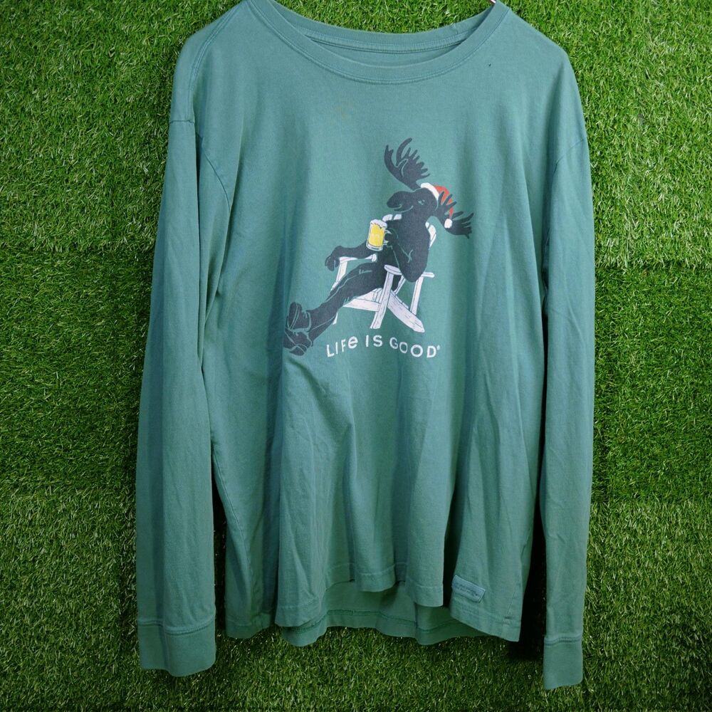 Life is Good Crusher Moose Christmas Long Sleeve T-Shirt Green - Men's Size XL
